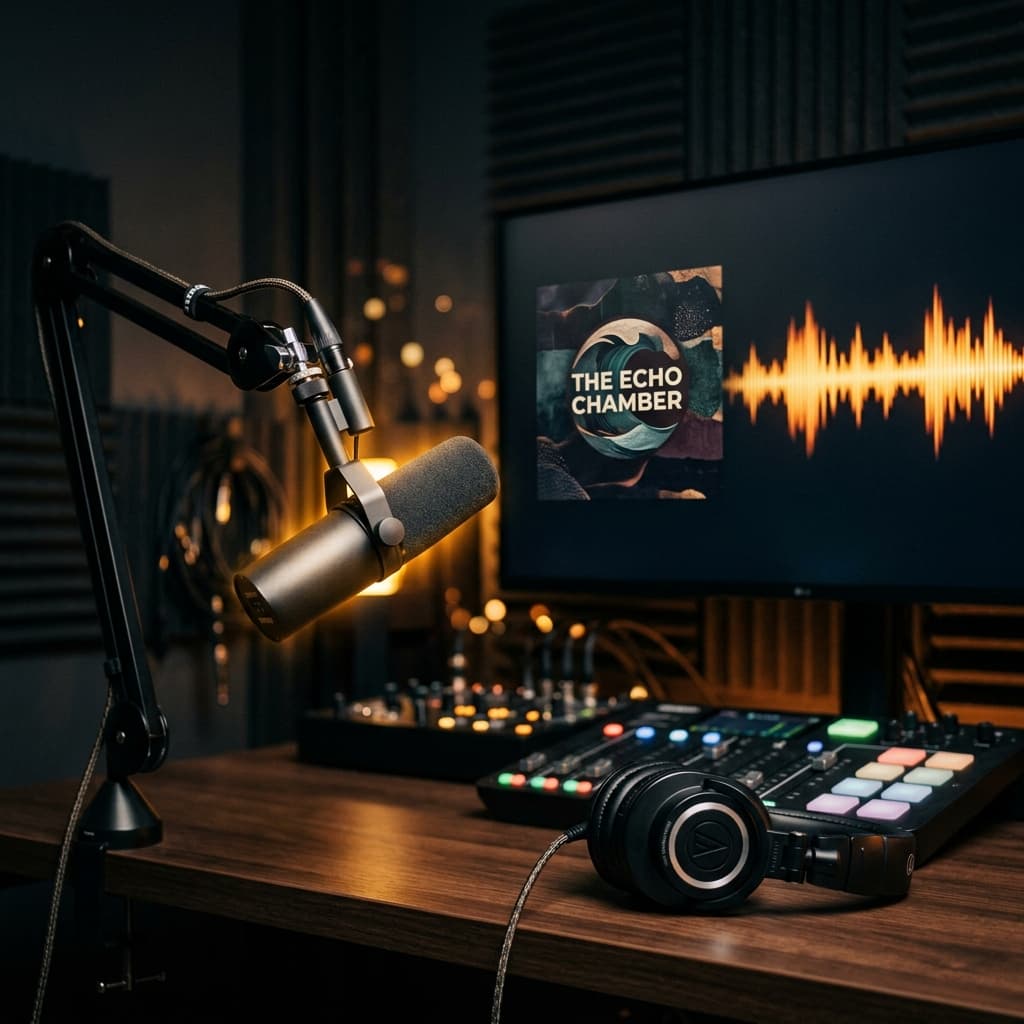 Podcast studio with microphone and audio equipment